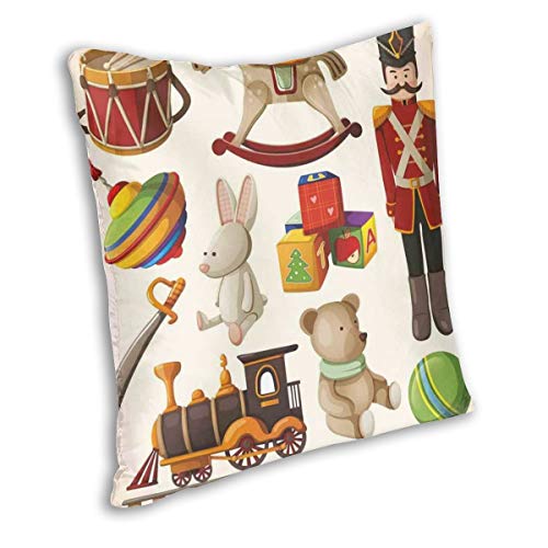 LiBei Funda de Cojín,Vintage Wooden Toys Design Rocking Horse Blocks Doll Drum Train Retro Illustration Funda de Almohada Cuadrado para Sofá Cama Decoración para Hogar 45x45cm