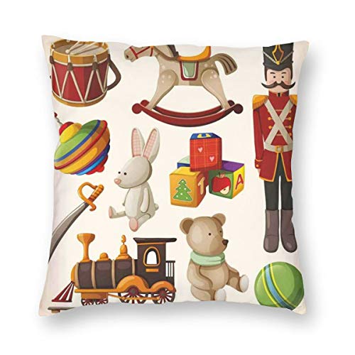 LiBei Funda de Cojín,Vintage Wooden Toys Design Rocking Horse Blocks Doll Drum Train Retro Illustration Funda de Almohada Cuadrado para Sofá Cama Decoración para Hogar 45x45cm