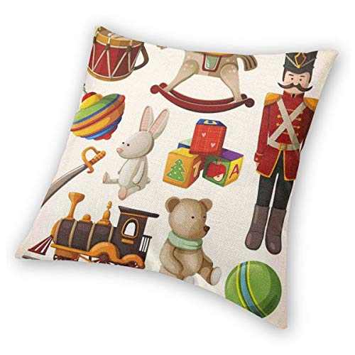 LiBei Funda de Cojín,Vintage Wooden Toys Design Rocking Horse Blocks Doll Drum Train Retro Illustration Funda de Almohada Cuadrado para Sofá Cama Decoración para Hogar 50x50cm