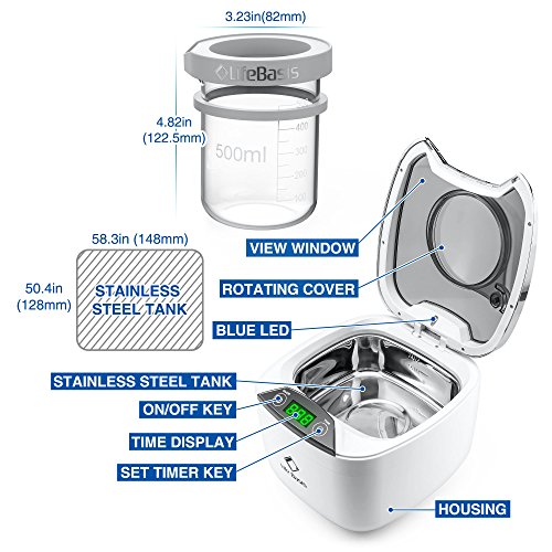 LifeBasis Limpiador ultrasónico Joyería 870ml Professional con Vaso y Tapa de 500 ml [Versión actualizada]