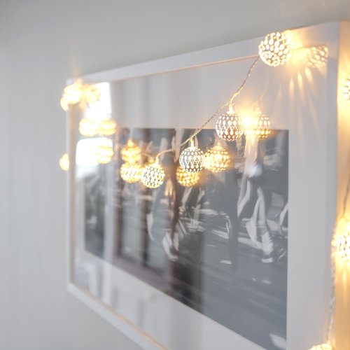 Lights4fun - Guirnalda de 16 Luces LED de Hadas metálicas Plateadas Estilo Marruecos, Color Blanco