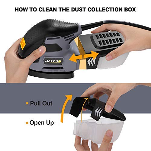Lijadora Eléctrica 220W - JELLAS Máquina Lijadora Compacta para Madera, 13,000 RPM con Recolección de Polvo, 16 Piezas de Papel de Lija, Lija de Dedo y Almohadilla de Lijado Incluidos