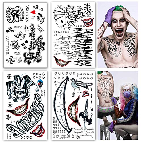 Lim 4 Hojas Grandes XL pelotón del Suicidio El Suicidio - Tatuaje Temporal Joker Harley Quinn Arco Tatuaje Ajuste Temporal Etiqueta engomada del Cuerpo extraíble Arte - Carnaval de Halloween Cosplay
