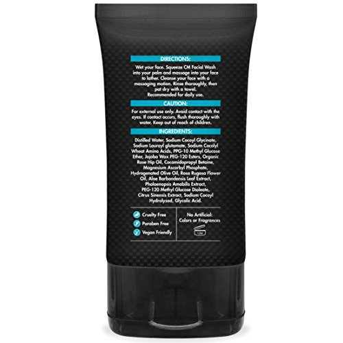 Limpiador facial para hombre: antienvejecimiento, limpieza profunda/exfoliante, lucha contra el acné/las arrugas con rosas orgánicas, aloe y ácido glicólico para piel grasa, seca, o sensible. 125 ml