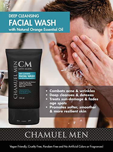Limpiador facial para hombre: antienvejecimiento, limpieza profunda/exfoliante, lucha contra el acné/las arrugas con rosas orgánicas, aloe y ácido glicólico para piel grasa, seca, o sensible. 125 ml