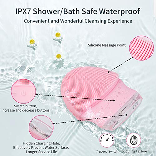Limpieza Facial,Limpiador de Masajeador Facial,Silicona Eléctrico RIPPLE,Exfoliación Facial de Silicona Sónica Recargable a Prueba de Agua,Cepillo de Masaje Facial Para Todo Tipo de Piel (Rosa)