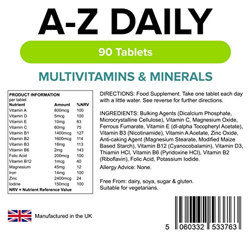 Lindens Multivitaminas A-Z Diario Pastillas Paquete 90 Perfecto Vitamina & Mineral Balance de Vitamina a, C, D, E, B1, B2, B3, B6, B12, Ácido Fólico, Magnesio, Hierro, Zinc & Yodo