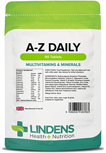Lindens Multivitaminas A-Z Diario Pastillas Paquete 90 Perfecto Vitamina & Mineral Balance de Vitamina a, C, D, E, B1, B2, B3, B6, B12, Ácido Fólico, Magnesio, Hierro, Zinc & Yodo