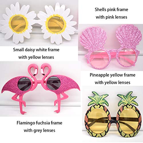 Liwein 4 Pares Gafas de Sol de Piña,Flamingo Conchas Daisy Flower Hawaianas Tropicales Partido Gafa Accesorios de Disfraz Foto Props para Niños Adultos Decorativas de Fiesta Temática de Verano
