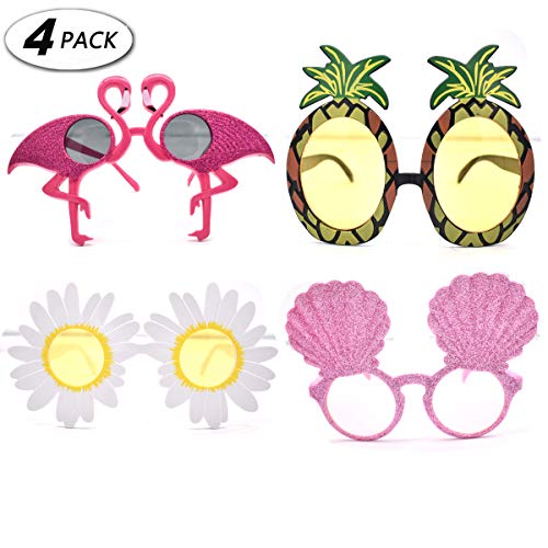 Liwein 4 Pares Gafas de Sol de Piña,Flamingo Conchas Daisy Flower Hawaianas Tropicales Partido Gafa Accesorios de Disfraz Foto Props para Niños Adultos Decorativas de Fiesta Temática de Verano