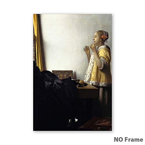 LKJHGU Arte de Mujer Pintura al óleo Vintage Chica con Pendientes de Perlas póster Impreso en Lienzo para Sala de Estar Cuadro artístico para Pared decoración del hogar Pintura en Lienzo