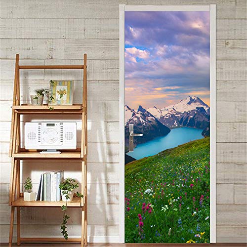 LLWYH Door Sticker Nieve Montaña Prado Ámbar Paisaje PVC Wall Decal Art Home Decoración 77cm x 200cm