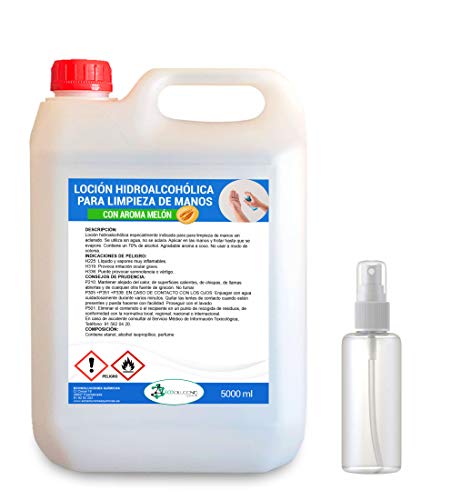 Loción Hidro-alcohólica para manos perfumada | COLONIA INFANTIL/MELÓN/COCO | ECO901 | 5 litros | Fabricantes españoles | INCLUYE PULVERIZADOR 75 ML