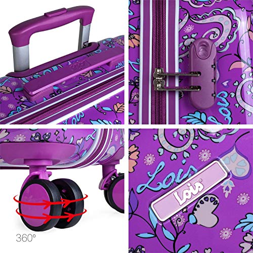 Lois - Juego de Maletas Infantil. Rígidas 4 Ruedas Trolley 55/67 Policarbonato Estampado. Cómodas y Ligeras. Pequeña 55x40x20 Ryanair. Diseño Juvenil. 130200, Color Morado