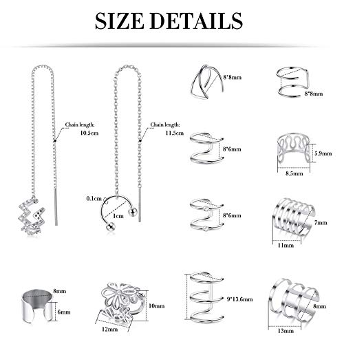 LOLIAS 12 Pares Largos Pendientes Cadena Clips Orejas de Acero Inoxidable para Mujeres Niñas No Piercing Pendientes Aro de Oreja sin Perforación Puños de Oreja Clips de Cartílago