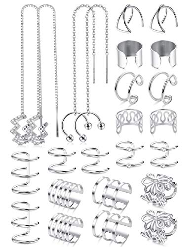 LOLIAS 12 Pares Largos Pendientes Cadena Clips Orejas de Acero Inoxidable para Mujeres Niñas No Piercing Pendientes Aro de Oreja sin Perforación Puños de Oreja Clips de Cartílago