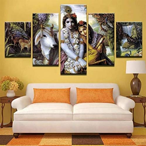Lona HD Imprime La Sala Fotos 5 Piezas India Mito Krishna Vishnu Pintura Pinturas Frame Animal Arte Cartel De La Pared Decoración No Hay (Size (Inch) : 40X60 40X80 40X100 CM)