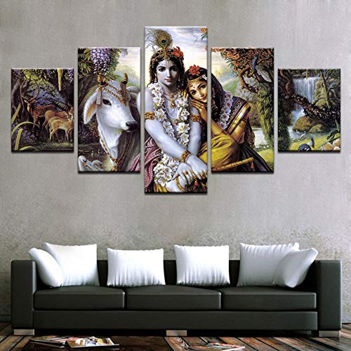 Lona HD Imprime La Sala Fotos 5 Piezas India Mito Krishna Vishnu Pintura Pinturas Frame Animal Arte Cartel De La Pared Decoración No Hay (Size (Inch) : 40X60 40X80 40X100 CM)