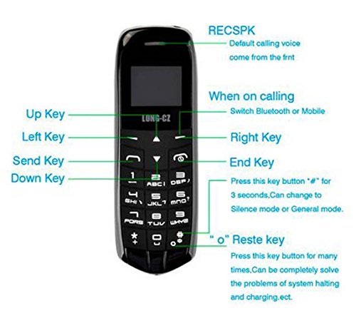 LONG CZ J8 3 en 1 el teléfono desbloqueado más peque?o Auriculares Bluetooth 3 en 1 + marcador Bluetooth + 2G Mini teléfono desbloqueado Cambiador de voz Micro SIM 18g Negro
