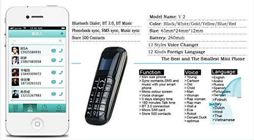 Long CZ V2 3 en 1 El teléfono más pequeño del Mundo Teléfono con Bluetooth Bluetooth para Auriculares Tarjeta Micro SIM 18 Gramos (Dorado)