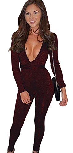Longwu Mujeres Brillante de Cuello en V Manga Larga Fiesta Clubwear Venda Mameluco Overol Vino Tinto-M