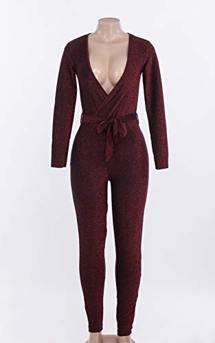 Longwu Mujeres Brillante de Cuello en V Manga Larga Fiesta Clubwear Venda Mameluco Overol Vino Tinto-M