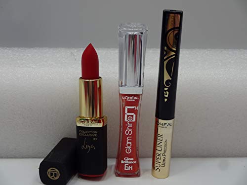 L'Oreal Make Up Items x 3 - LOreal Collection Exclusive Pure Red Lipstick Liya, L'Oreal Super Liner Ultra Precision Gold Eyeliner, L'Oreal Glam Shine 6H Fresh Grenadine 507