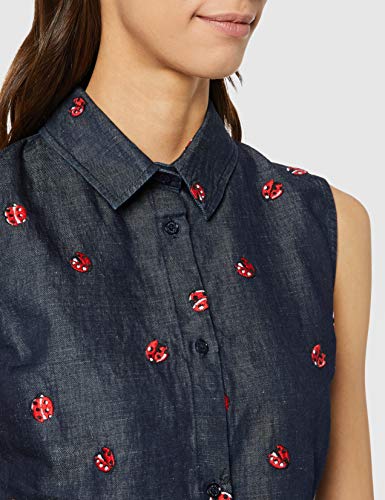 Love Moschino Embroidered Allover Ladybirds_Chambray Sleeveless Shirt Blusa, Azul (Embroidery 8001), 38 (Talla del Fabricante: 40) para Mujer