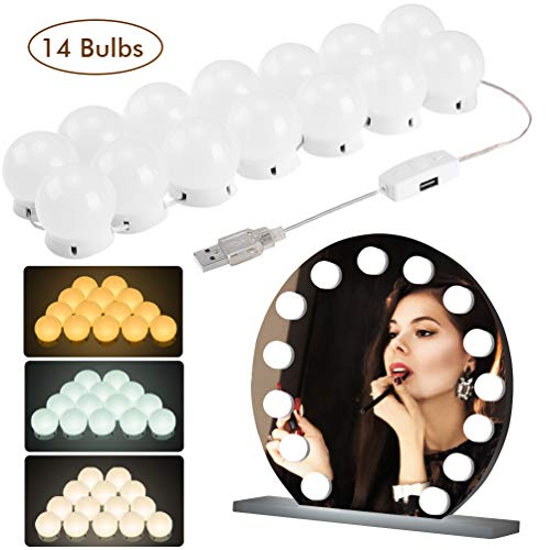 Luces de Espejo de Tocador, LEDGLE Bombillas Espejo Maquillaje con 14 Bombillas Regulables, 3 Modos Ajustable de Color de Luz para Baño, Regalo para Fiesta, Cumpleaños, Aficionados de Maquillarse