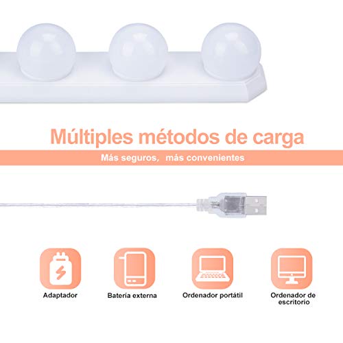 Luces para Espejo de Maquillaje LED Lámpara de Espejo Cosmético de Tocador con Estilo Hollywood 5 Piezas Bombillas EVILTO con USB Puerto, 3 Modos de Color, 10 Niveles de Brillo y 2 Potentes Ventosas