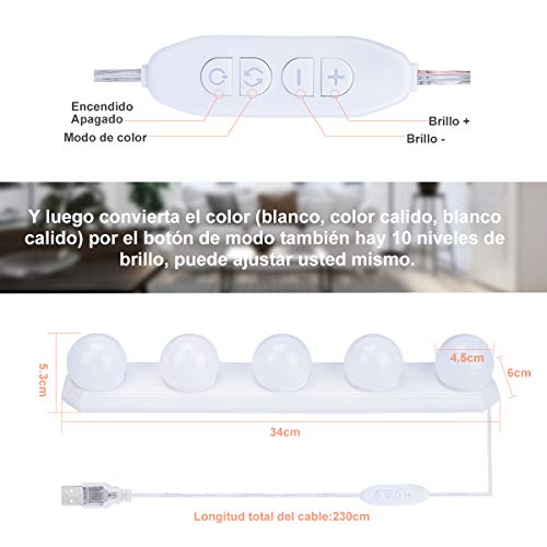 Luces para Espejo de Maquillaje LED Lámpara de Espejo Cosmético de Tocador con Estilo Hollywood 5 Piezas Bombillas EVILTO con USB Puerto, 3 Modos de Color, 10 Niveles de Brillo y 2 Potentes Ventosas