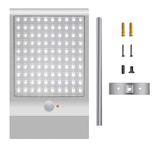 Luces Solares【1200lm 5200mAh Potente Versión 2 Piezas】100 LED Luz Solar Exterior 3 Modos Foco Solar con Sensor de Movimiento 120° Lámparas Solares Para Jardin , Garaje, Pared - Blanco Frío 6000K