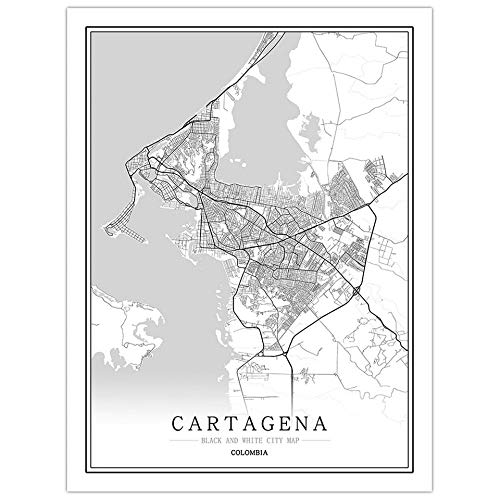 LucklyingBao Impresiones sobre Lienzo，Colombia Ciudad De Cartagena Mapa De La Ciudad En Blanco Y Negro Póster Impresión En HD Imágenes De Arte De Pared Decoración para El Hogar Cuadro De Pintura En