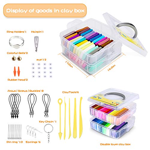 Luclay Arcilla Polimerica - 48 Colores Polymer Clay, No Tóxica DIY Modelado Craft Set y Accesorios de Arcilla en la Caja de Almacenamiento Doble, Regalo Ideal para Niños