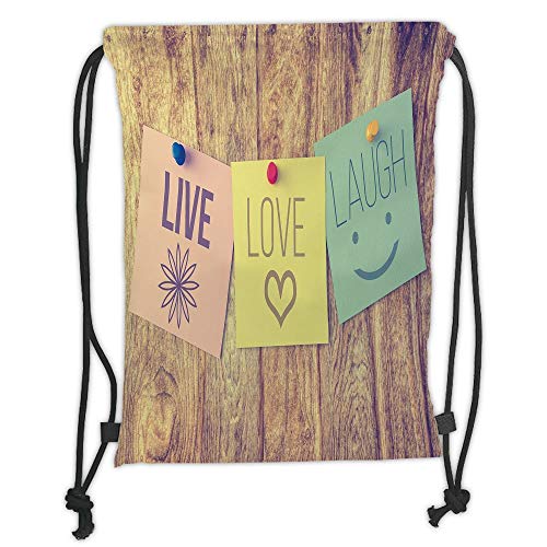 LULUZXOA Gym Bag Printed Drawstring Sack Backpacks Bags,Live Laugh Love Decor,Inspirational Wisdom Post It Perks on Wooden Rustic Background Image Decorative,