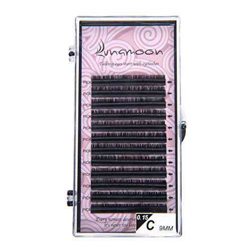 Lunamoon Extensión de Pestañas Postizas Individuales Volumen Natural Pestañas Falsas de Seda Suave Hecho a Mano para Salón Profesional Maquillaje C-Curl Espesor 0.15mm (0.15 C 9mm)