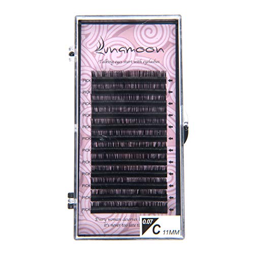 Lunamoon Extensión de Pestañas Postizas Individuales Volumen Natural Pestañas Falsas de Seda Suave Hecho a Mano para Salón Profesional Maquillaje C-Curl Espesor 0.07mm (0.07 C 11mm)