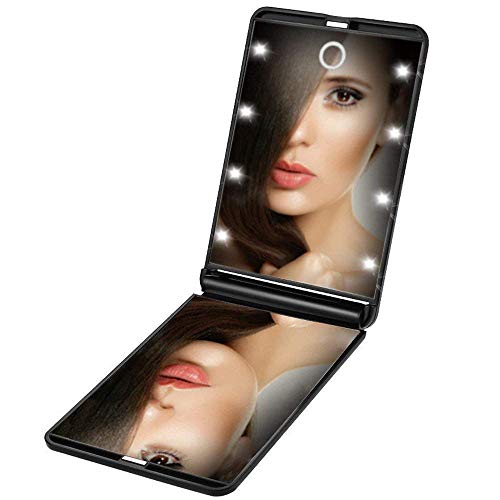 LURICO Espejo de Mano | Espejo de Bolsillo Compacto Iluminado LED - Aumento de 1X/2X - Plegable Espejo Cosmético para Maquillaje Afeitado o Viaje (Negro)