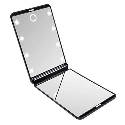 LURICO Espejo de Mano | Espejo de Bolsillo Compacto Iluminado LED - Aumento de 1X/2X - Plegable Espejo Cosmético para Maquillaje Afeitado o Viaje (Negro)