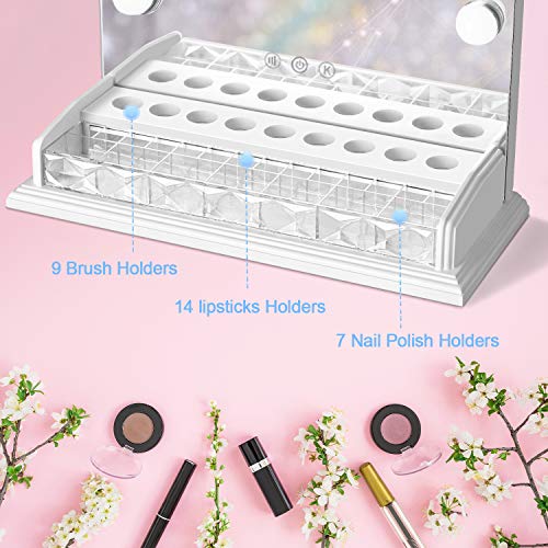 LUXFURNI - Espejo de tocador para maquillaje con luz regulable, 12 luces LED frías/cálidas, organizador de brochas de maquillaje