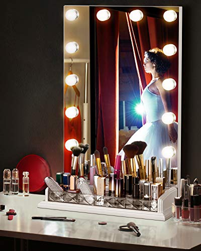 LUXFURNI - Espejo de tocador para maquillaje con luz regulable, 12 luces LED frías/cálidas, organizador de brochas de maquillaje