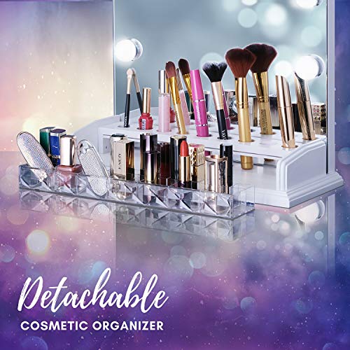 LUXFURNI - Espejo de tocador para maquillaje con luz regulable, 12 luces LED frías/cálidas, organizador de brochas de maquillaje