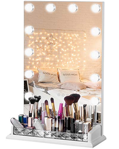 LUXFURNI - Espejo de tocador para maquillaje con luz regulable, 12 luces LED frías/cálidas, organizador de brochas de maquillaje