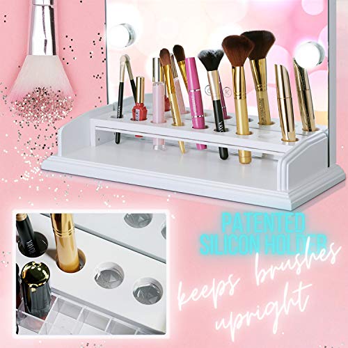 LUXFURNI - Espejo de tocador para maquillaje con luz regulable, 12 luces LED frías/cálidas, organizador de brochas de maquillaje