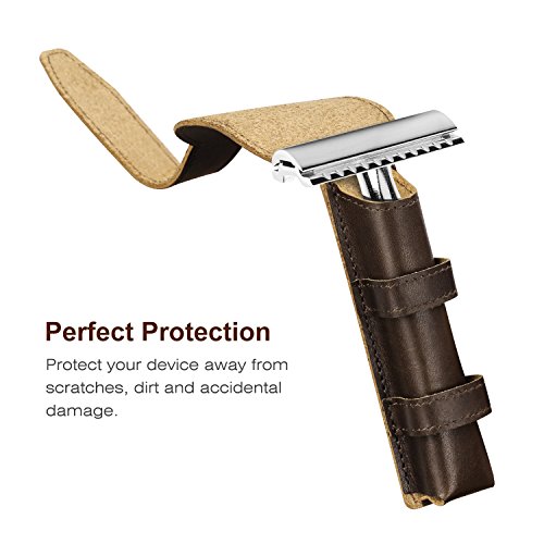 Luxspire Estuche para Afeitadoras de Seguridad Suave, Bolsa de Afeitadora de Cuero PU con Doble Filo, Accesorio Ideale para Proteger de Maquinilla de Afeitar en Viajes y Uso Diario - Marrón