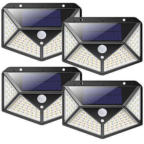 Luz Solar Exterior 100 LED, [2200mAh Ahorro de Energía Super] iPosible 270 °Iluminación de Cuatro Lados Foco Solar con Sensor de Movimiento Impermeable Lámpara Solar 3 Modos para Jardín 4-Paquete