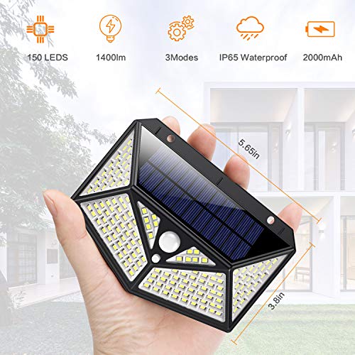 Luz Solar Exterior 150 LED, kilponen [Versión Innovadora 2200mAh] Foco Solar Potente con Sensor de Movimiento y 3 Modos de Iluminación Lámpara Solar Exterior Impermeable Luces Solares Jardín 2-Paquete