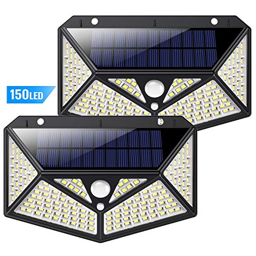 Luz Solar Exterior 150 LED, kilponen [Versión Innovadora 2200mAh] Foco Solar Potente con Sensor de Movimiento y 3 Modos de Iluminación Lámpara Solar Exterior Impermeable Luces Solares Jardín 2-Paquete