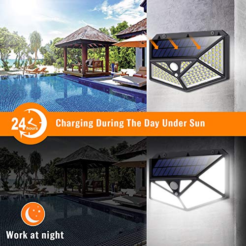 Luz Solar Exterior 150 LED, kilponen [Versión Innovadora 2200mAh] Foco Solar Potente con Sensor de Movimiento y 3 Modos de Iluminación Lámpara Solar Exterior Impermeable Luces Solares Jardín 2-Paquete