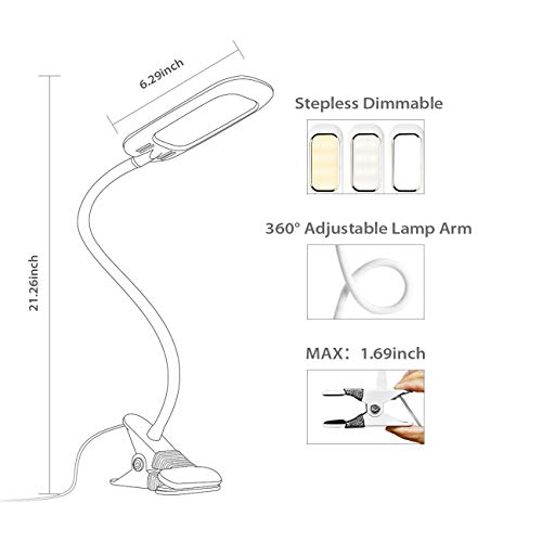 LVWIT Lámpara Flexo LED de pinza - 5W máx (regulables), Color regulable desde 3000K hasta 6000K. Flexo clip con Cuello flexible - Versión Blanca.